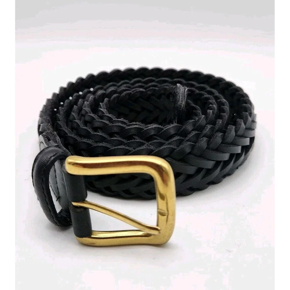 Toneka Men's Size 48 Woven Braided Black Leather Belt with Solid Brass Buckle